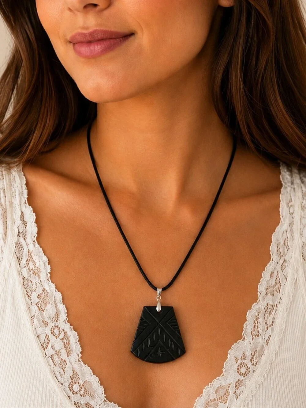 Vintage 1970s Black Geometric Carved Lucite Tribal Pendant Rope Necklace
